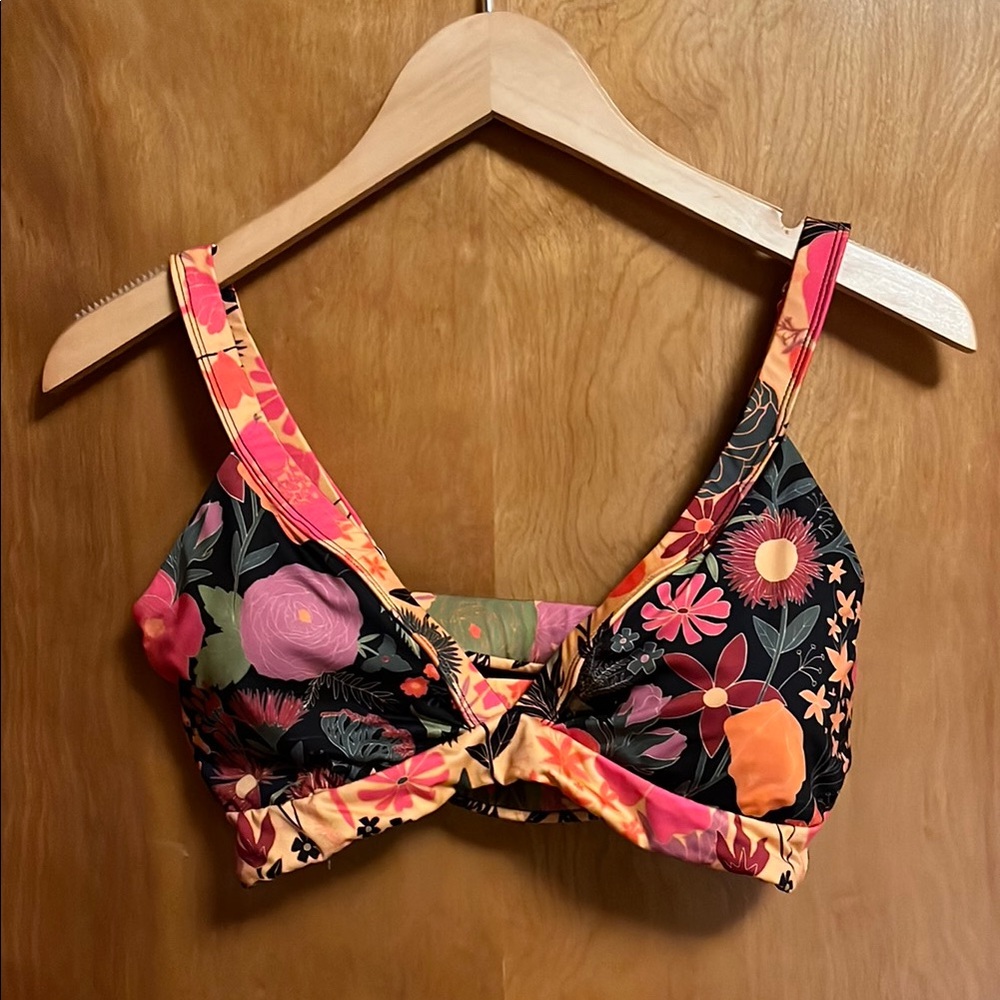 Floral Banded Triangle Bikini Top - Black, Pink, and Orange